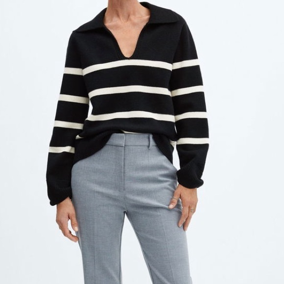 Mango Sweaters - Mango Women’s Black White Striped V-Neck Polo Sweater Size XS